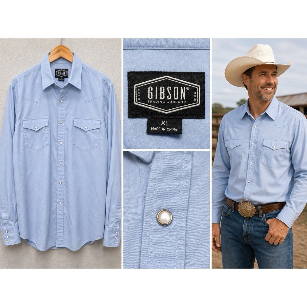 GIBSON Trading Company WESTERN SHIRT Mens XL Blue Print Pearl Snap Cotton Blend